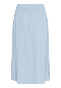 Jupe midi bleu clair avec taille élastique, fente latérale et tissu texturé.