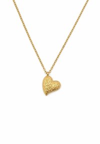 Goldkette mit einem strukturierten Herzanhänger, der an einer zarten Kette mit runden Gliedern befestigt ist, alles in einem polierten Finish.