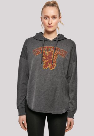 Graue Kapuzenjacke mit einem großen Gryffindor-Löwenmotiv in burgunderrot und gelb, mit verstellbarer Kapuze und lässig geschnittenen Ärmeln.