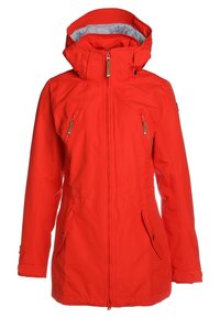 Veste imperméable à capuche rouge vif avec fermeture éclair devant, poches poitrine et latérales, et poignets ajustables.