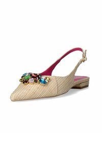 Scarpa slingback beige realizzata in tessuto texturizzato, con punta affilata e un cluster di gioielli decorativi in tonalità colorate sul davanti.