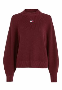 Maroon knitted sweater with ribbed crew neck, drop shoulders, and long sleeves; features a small brand logo on the chest.