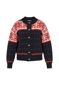 Sweter kardigan z granatowym korpusem, czerwonym i kremowym wzorem fair isle na ramionach, prążkowanym kołnierzem i mankietami oraz pięcioma ciemnymi guzikami z przodu.