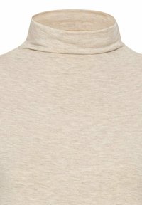Hellbeige Rollkragenoberteil aus einem weichen, strukturierten Stoff. Verfügt über einen schlanken, eng anliegenden Kragen und ein glattes, minimalistisches Design.