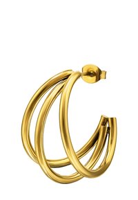 Orecchini a cerchio in oro con un design a doppio anello, superficie metallica liscia e chiusura a scatto. Leggeri e con una finitura lucida.