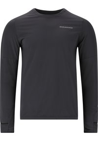 Schwarzes Langarm-Sportshirt aus leichtem Material. Hat ein einfaches Design mit Rundhalsausschnitt und einem Logo auf der Brust.