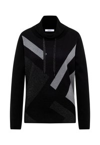 Maglione a girocollo nero e grigio con colletto alto, caratterizzato da motivi geometrici astratti e texture a contrasto, inclusi elementi lucidi.
