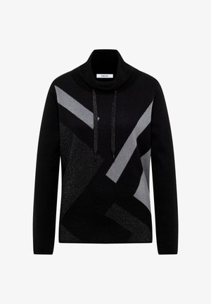 Musta ja harmaa neulepaito, jossa on korkea kaulus, ja johon on kuvioitu abstrakteja geometrisia kuvioita sekä kontrastisia tekstuureita, mukaan lukien kiiltäviä elementtejä.