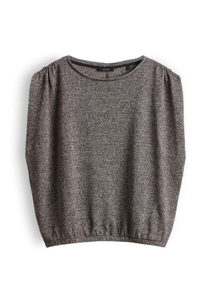 Maglione grigio lavorato a maglia con maniche corte, spalle leggermente arricciate e vita elastica, disteso su sfondo bianco.