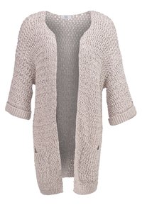 Ljusbeige cardigan gjord av texturerad stickad tyg, med öppen front, korta ärmar och två framfickor.