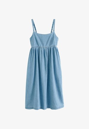 Lysblå denimkjole med tynde stropper, elastisk talje og flagrende nederdel. Har en glat overflade og et enkelt design.