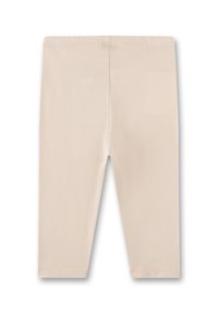 Beige Leggings aus dehnbarem Stoff, mit einem elastischen Bund und einer engen Passform, die eine glatte, leichte Textur aufweisen.