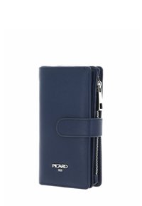 Portefeuille en cuir bleu marine avec une texture lisse, fermé par un bouton-pression, doté d'un compartiment zippé et d'une marque argentée.