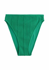 Zelené spodní díly bikin s vroubkovanou texturou, svislými švy a středně vysokým pasem. Hladký povrch tkaniny.