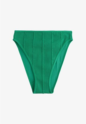 Grüne Bikinihose mit gerippter Textur, vertikalen Nahtdetails und einem taillenhohen Bund. Glatte Stoffoberfläche.