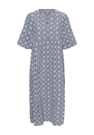 Vestido midi azul con patrón floral geométrico blanco, mangas cortas abullonadas, cintura fruncida y escote redondo con detalle de botones en la parte delantera.