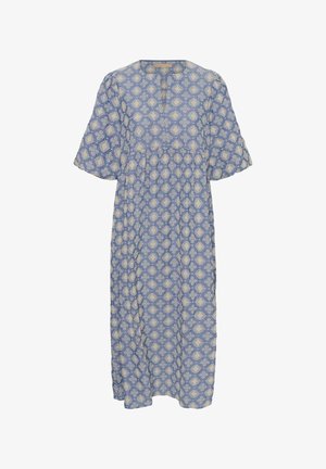 Robe midi bleue avec motif floral géométrique blanc, manches courtes bouffantes, taille froncée et encolure ronde avec des boutons sur le devant.