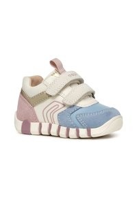 Sneakers per bambini in blu, rosa e crema, caratterizzati da una tomaia in suede e materiale sintetico, due fasce in Velcro e suole testurizzate con scanalature distintive.