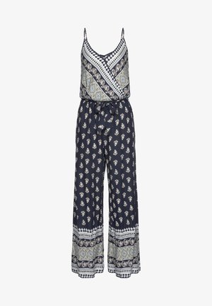 Navy jumpsuit with wide legs, sleeveless V-neck, floral and geometric patterns, and a fabric belt at the cinched waist.