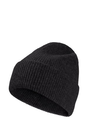 Schwarze, gerippte Strickmütze mit weicher Textur, ausgestattet mit einem umgeschlagenen Saum und einer engen Passform. Geeignet für kaltes Wetter.