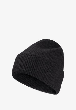 Schwarze, gerippte Strickmütze mit weicher Textur, ausgestattet mit einem umgeschlagenen Saum und einer engen Passform. Geeignet für kaltes Wetter.