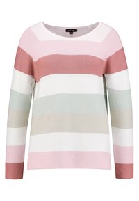Maglione a maniche lunghe lavorato a maglia con strisce orizzontali in tonalità di rosa, ruggine, bianco, azzurro e beige.