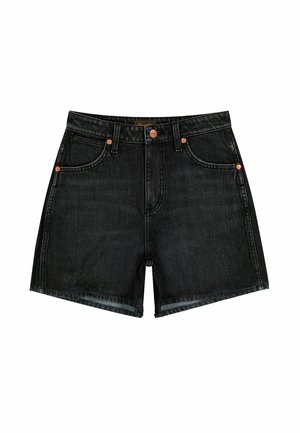 Schwarze Jeansshorts mit hoher Taille, fünf Taschen, silberfarbenen Beschlägen und kupferfarbenen Nieten, mit geradem Schnitt und ausgefranstem Saum.