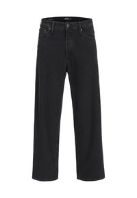 Pantalones de mezclilla anchos negros con cierre de botón, cinco bolsillos y una textura suave. Presenta costuras en contraste y un corte recto.