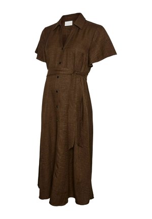 Bruine knoopdress gemaakt van textuurstof, met korte mouwen, een ceintuur in de taille en een middellange pasvorm.