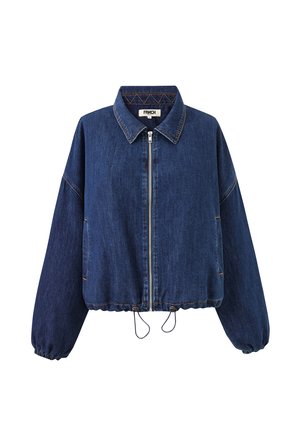 Veste en denim bleu foncé avec fermeture éclair à l'avant, col pointu, poignets élastiques et ourlet à cordon de serrage ajustable.