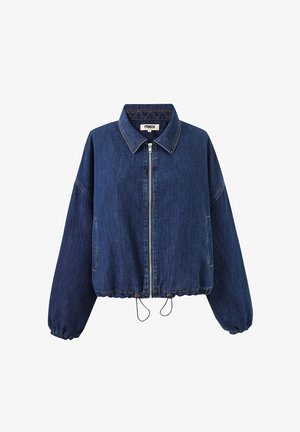 Donkerblauw spijkerjasje met ritssluiting aan de voorkant, puntige kraag, elastische manchetten en verstelbare trekkoordzoom.