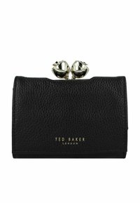 Portefeuille en cuir noir avec une surface texturée, présentant un fermoir distinctif avec deux accents décoratifs métalliques et un logo doré.