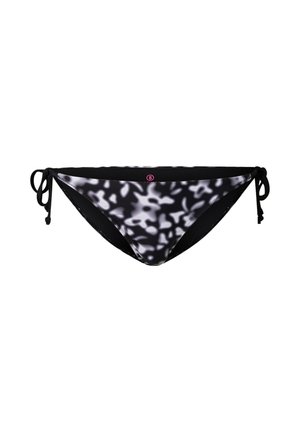 Sort-hvide abstrakt mønstrede bikinitrusser med bindebånd i siderne og et lille pink rundt logo i midten af den forreste linning.
