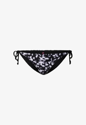 Bas de bikini à motifs abstraits noirs et blancs avec cordons à nouer sur les côtés et petit logo circulaire rose au centre de la ceinture avant.