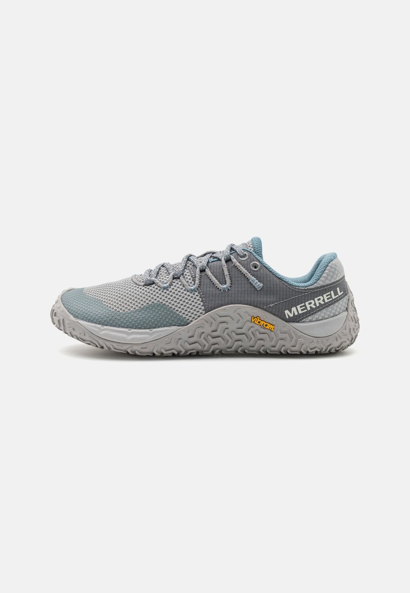 Gray and blue athletic shoes with mesh upper, textured rubber sole, and vibram detailing. Features lacing system and padded collar.
