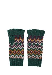 Guantes de lana sin dedos con patrones geométricos en verde, púrpura, blanco y mostaza.