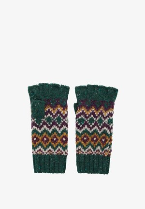 Gants en laine sans doigts avec des motifs géométriques verts, violets, blancs et moutarde.