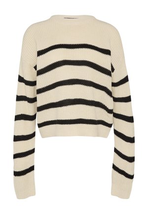Gebreide cropped trui, crème basis met gedurfde zwarte horizontale strepen, ronde hals, ribbelstructuur, lange mouwen en verlaagde schouders.