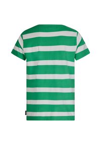 Groene en witte gestreepte T-shirt met korte mouwen, gemaakt van zachte stof, met een ronde halslijn en een rechte zoom.