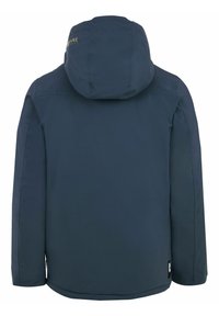 Chaqueta azul marino con capucha, hecha de un material impermeable. Las características incluyen una textura suave y un diseño minimalista sin cierres visibles.