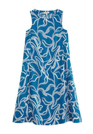 Ujjatlan kék ruha fehér absztrakt virágmintával és kerek nyakkivágással, fehér háttéren laposan elhelyezve.