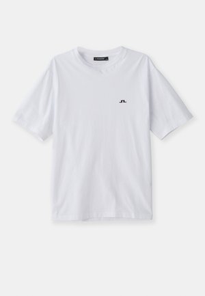 T-shirt bianca in cotone con colletto rotondo e maniche corte, caratterizzata da un piccolo logo nero sul petto. Tessuto liscio e vestibilità comoda.