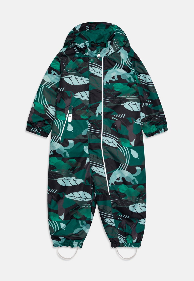 Green and black patterned children's snowsuit with a hood, featuring leaf and animal designs, elastic cuffs, and a central front zipper.