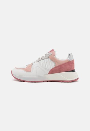 Sneakers with a white leather upper, pink and grey suede accents, mesh panels, and a textured rubber sole featuring pink highlights.