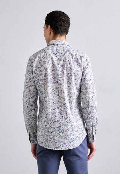 Men's long-sleeve shirt in light fabric with a multicolor floral pattern, featuring a classic collar and buttoned cuffs.