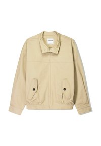 Beige Jacke mit Reißverschluss vorne, Kragen, elastischem Saum und zwei Klapptaschen. Hergestellt aus glattem Stoff mit leicht strukturierter Oberfläche.