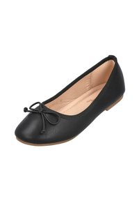 Bailarinas negras hechas de suave cuero sintético, con punta redonda, forro suave y un lazo decorativo en la parte delantera.