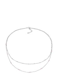 Collana a catena d'argento con due fili sovrapposti, dotata di perline rosa e piccoli dettagli in argento. Chiusura con gancio e lunghezza regolabile.