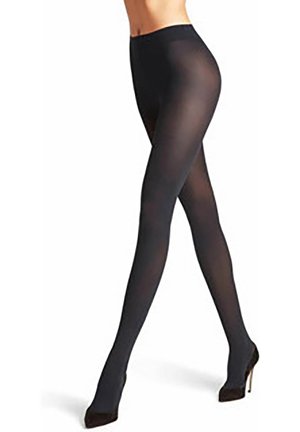 Black opaque tights with a smooth texture and a high waist design, extending to the ankle and paired with high-heeled shoes.