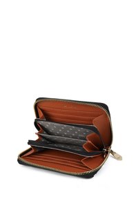 Black wallet with gold zipper, featuring orange interior, multiple card slots, two zippered compartments, and a gray polka-dot lining.